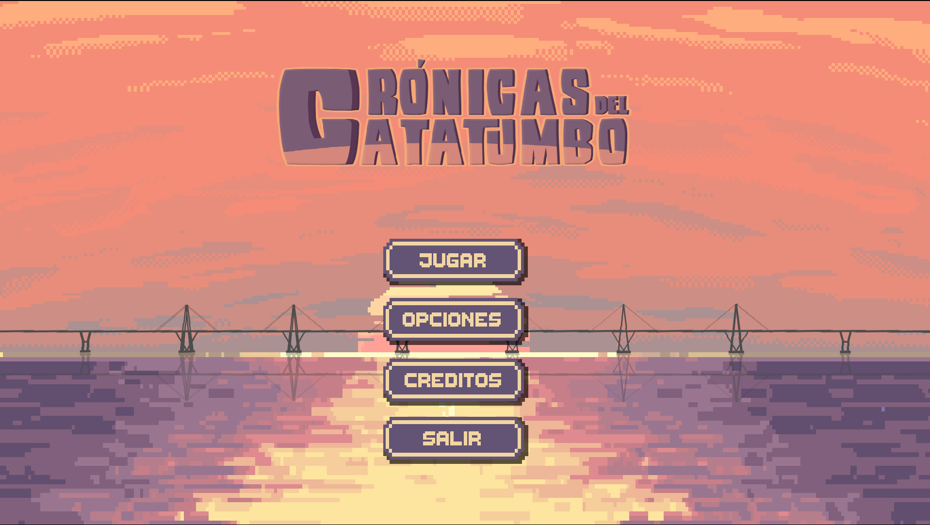 Pantalla de título de Crónicas del Catatumbo: el puente sobre el lago de Maracaibo al atardecer, en pixel art