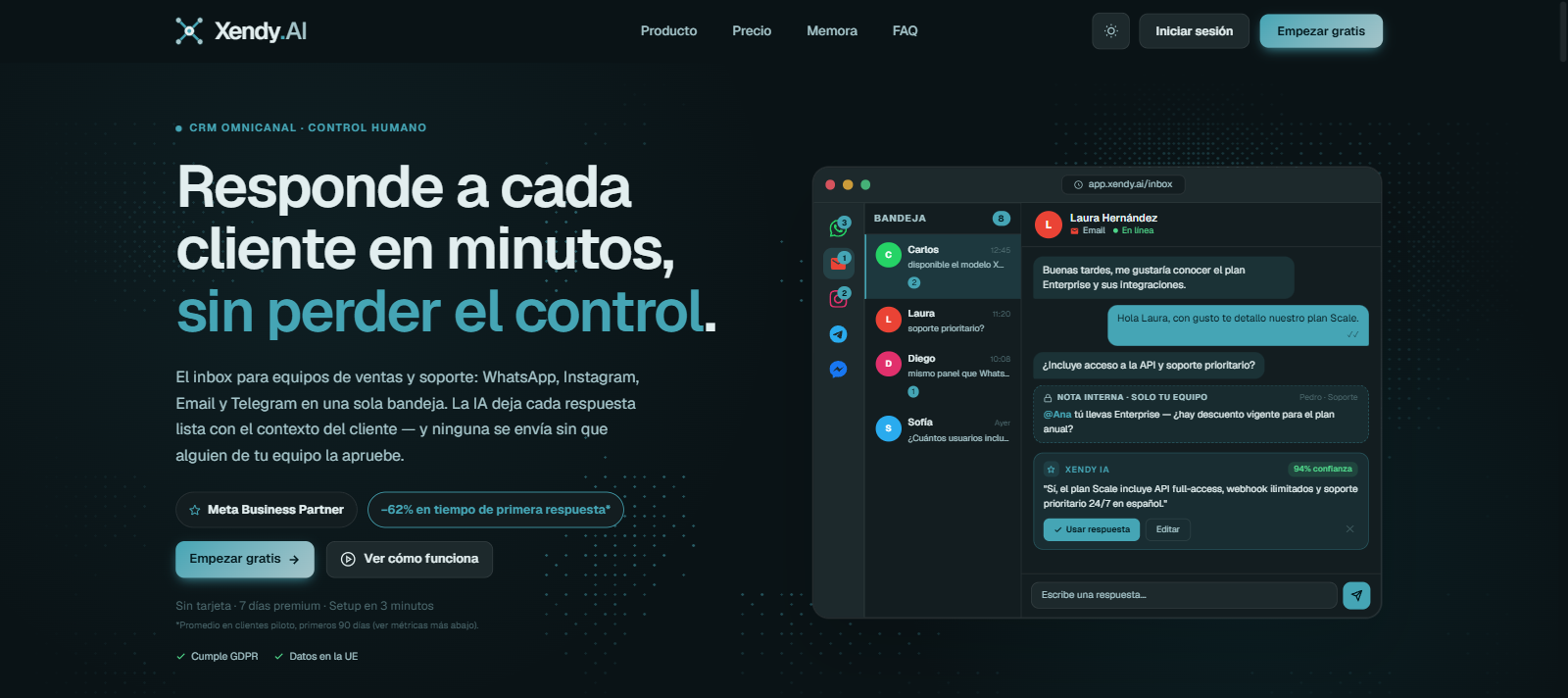 Página principal de Xendy AI: inbox omnicanal con WhatsApp, Instagram, Email y Telegram en una sola bandeja, con una respuesta sugerida por IA pendiente de aprobación